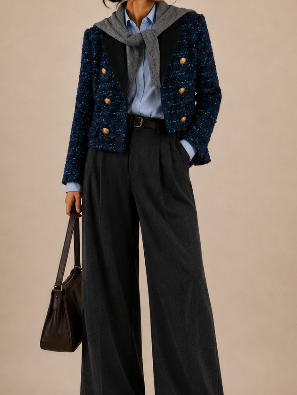 Judith and Charles Wool Tweed Cropped Double Breasted Blazer Sz 10